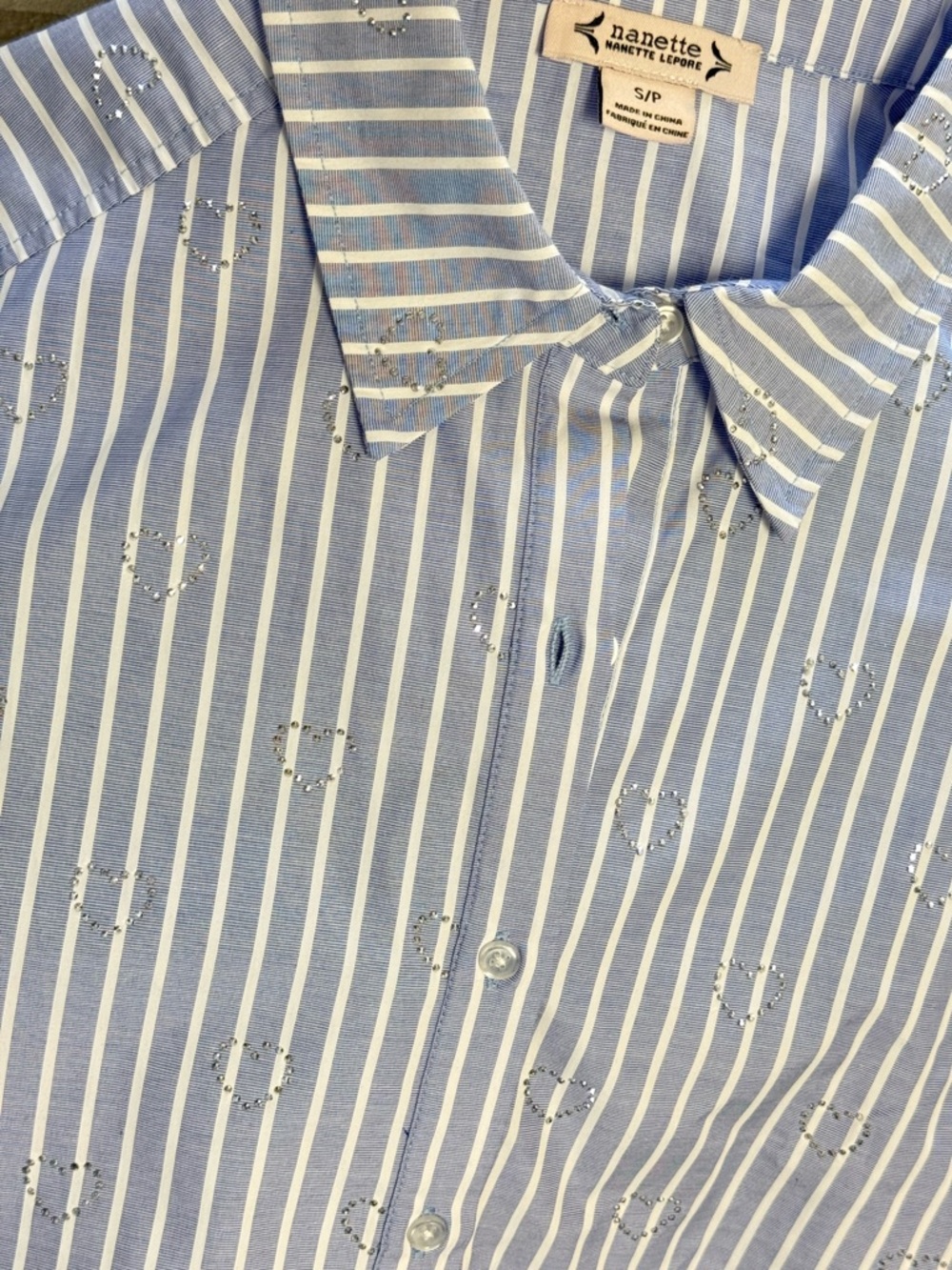 Nanette Lepore Blue and White Striped Button-Up Shirt with Rhinestone Hearts